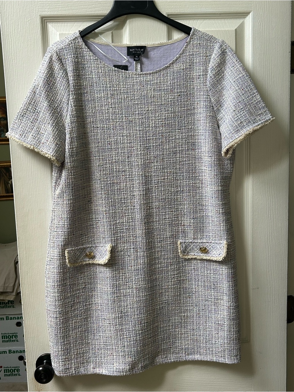 Isaac Mizrahi Lavender-Accented Tweed Short-Sleeve Sheath Dress